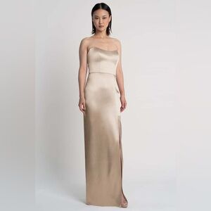Jenny Yoo Nadia Strapless Crepe Satin Gown in Pale Gold